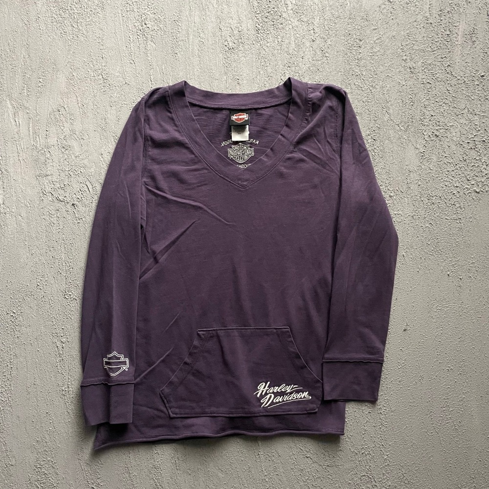 Vintage Harley Davidson V-Neck Kangaroo Pocket Top Women L Purple y2k
